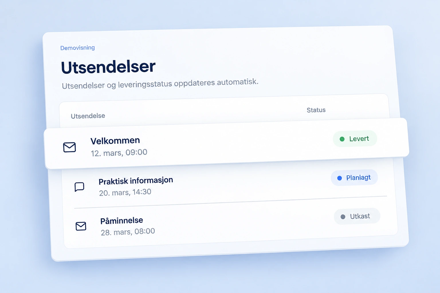 Produktvisualisering av Sendit med anonyme eksempelutsendelser og leveringsstatus